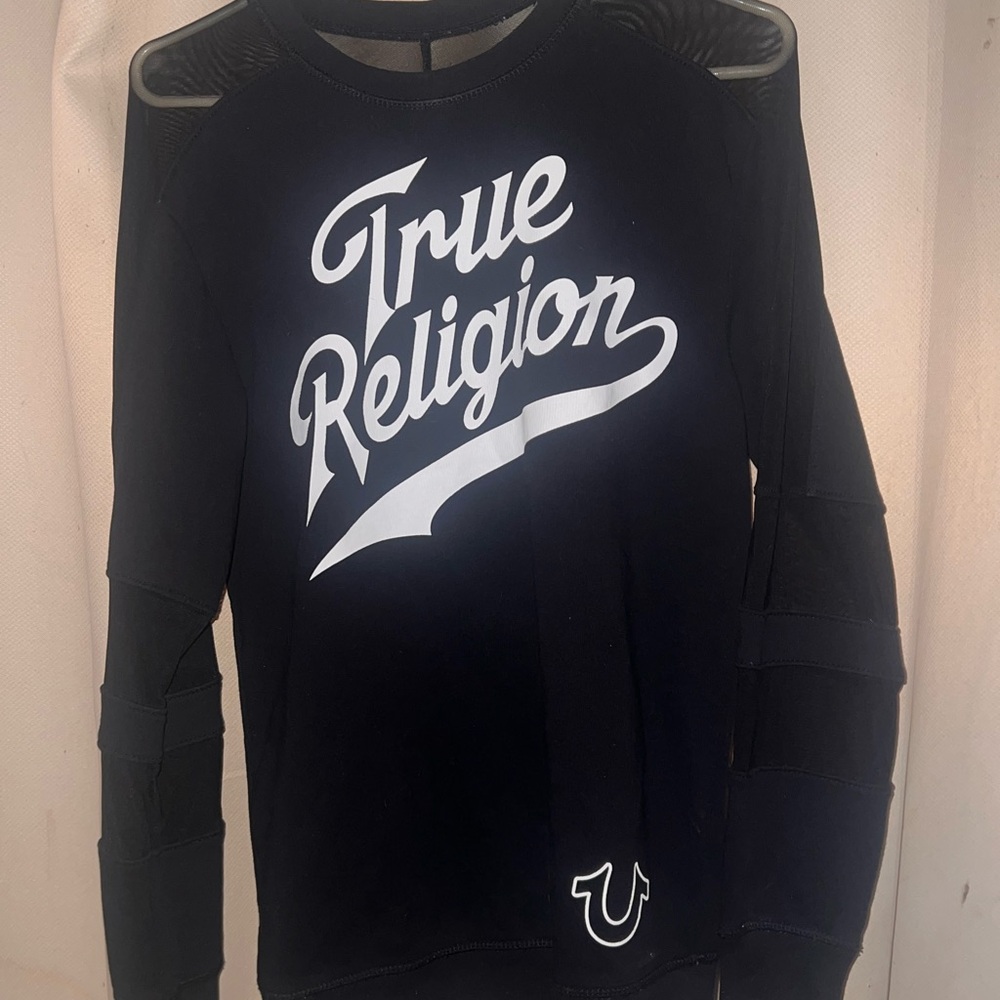 True Religion Black Long Sleeve Mesh Inserts Pullover SMALL Slightly Oversized